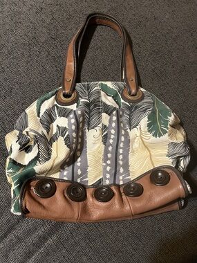 lucky penny Canvas and Leather Tote Bag in Green, Tan, Cream